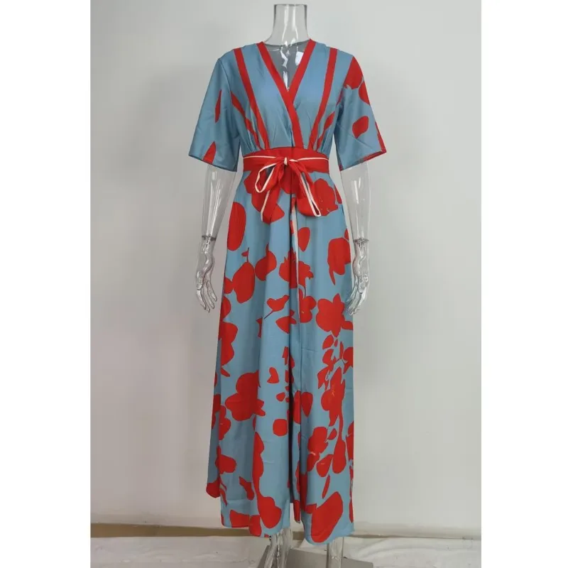 여성 미디 드레스 봄 V넥 벨티드 파티 롱 드레스 섹시 프린트 보헤미안 패션 A라인 드레스 반팔 포켓 맥시 드레스