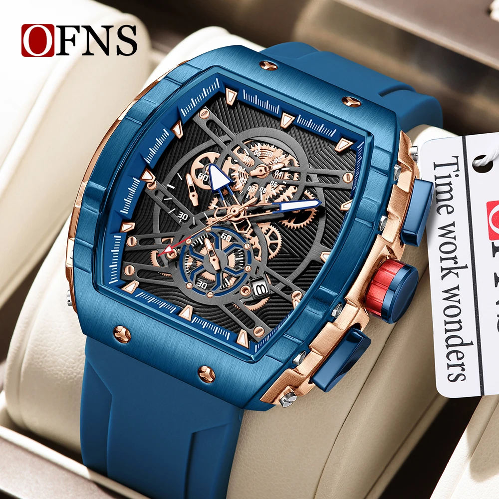 OFNS New 8029 Top Fashion Business Men's Watch Six Needle Wine Barrel Shaped Quartz Watch Calendar Rubber Men's Watch 2024