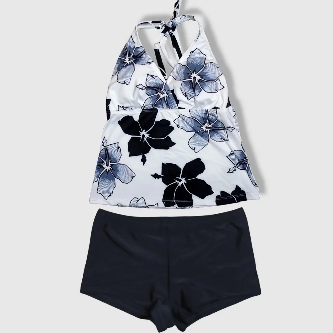 Vintage Flower Printed 2-piece Swimming Set Women's V-neck Padded Top Solid Color Shorts Bottom Summer Beach Resort Swimsuit