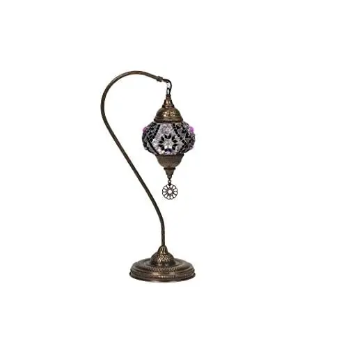 LaModaHome English Moroccan Handmade Mosaic Glass Curvy Swan Neck Table Lamp Light with Decorative Dark Polished Copper Fixture