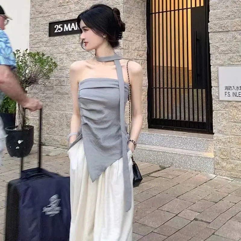 Damski top typu bustier z odkrytymi ramionami na lato 2025 z asymetrycznym wzorem do dojazdów do pracy i stylowych stylizacji