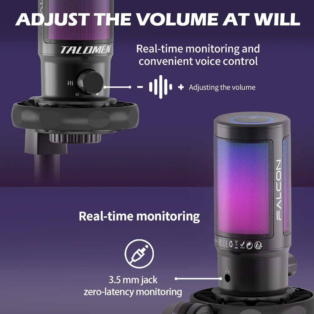 Microfono da gioco USB talomen per PC, PS4/PS5, microfono a condensatore RGB con muto rapido, controllo del guadagno, F8