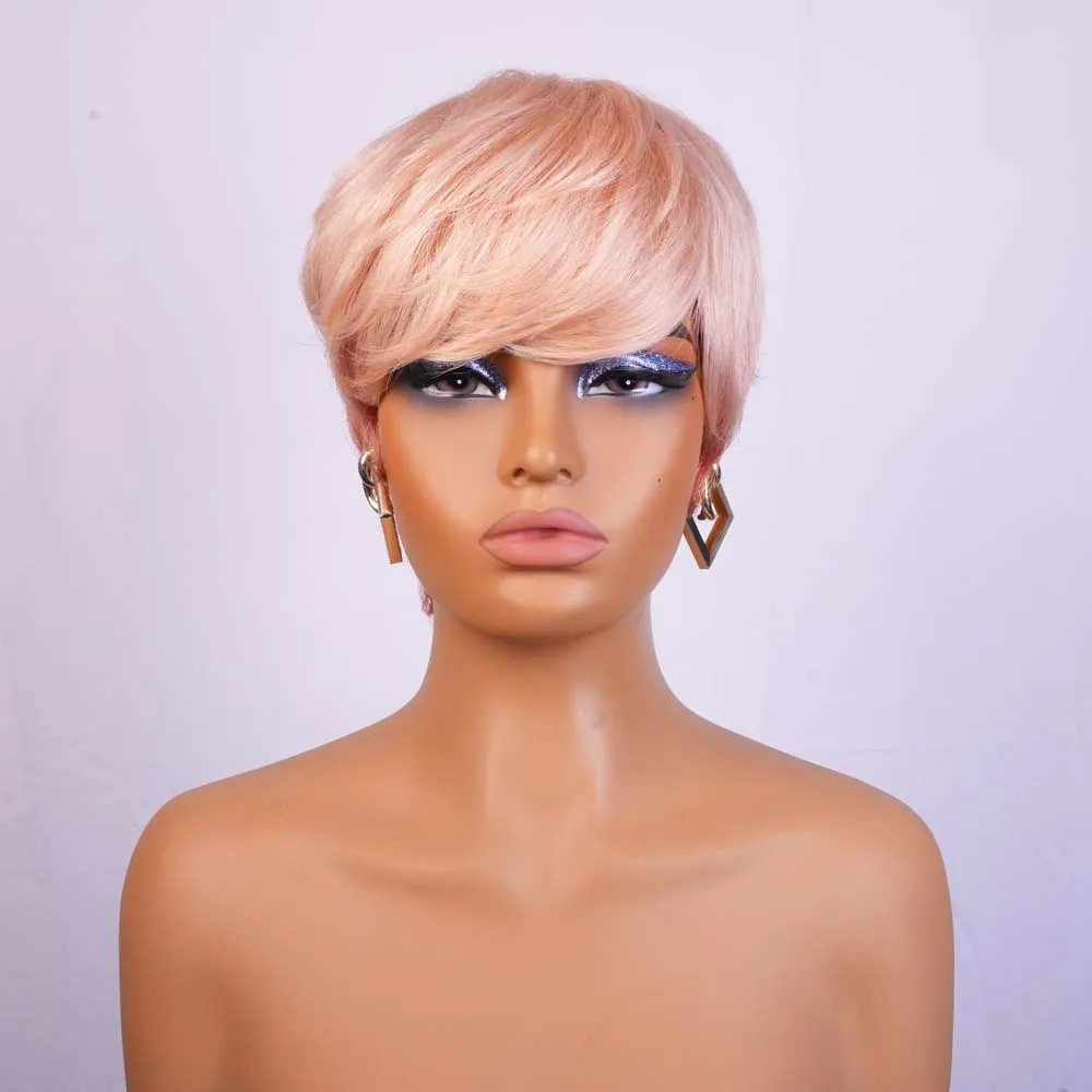 Pixie Cut Wig With Bangs Short Straight Human hair Natural Looking Wig For Women Machine Made Bob Affordable Wig For Daily Use