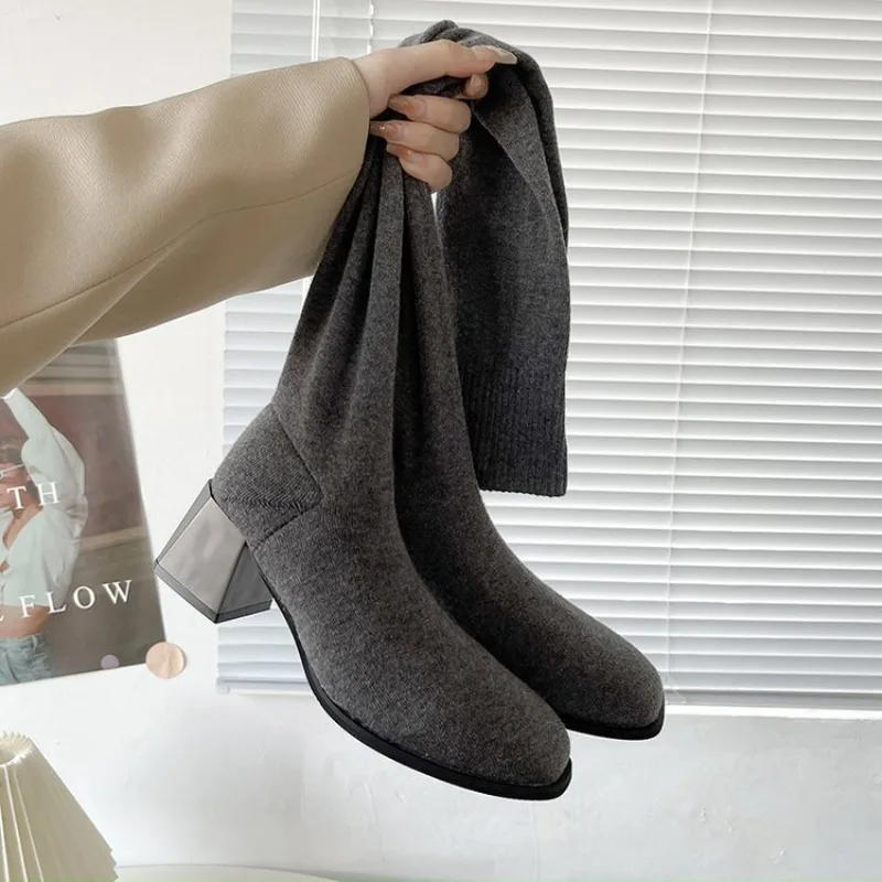 

Women Over The Knee Boots Thigh High Block Heel Smooth Upper Round Toe Metal Detail Stretch Autumn Winter Elegant Fashion Shoe