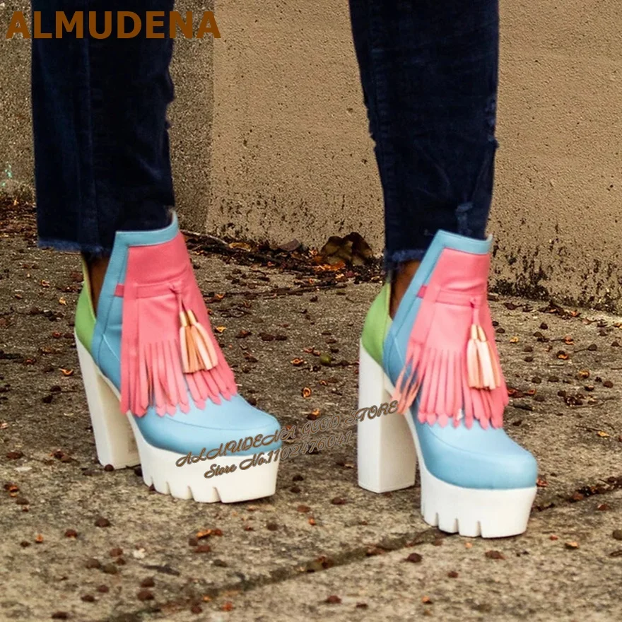 Color Block Tassel Platform Ankle Boots Pastel Rainbow Chunky Block Heel Cutout High Heels Fringe Gothic Punk Party Dress Shoes
