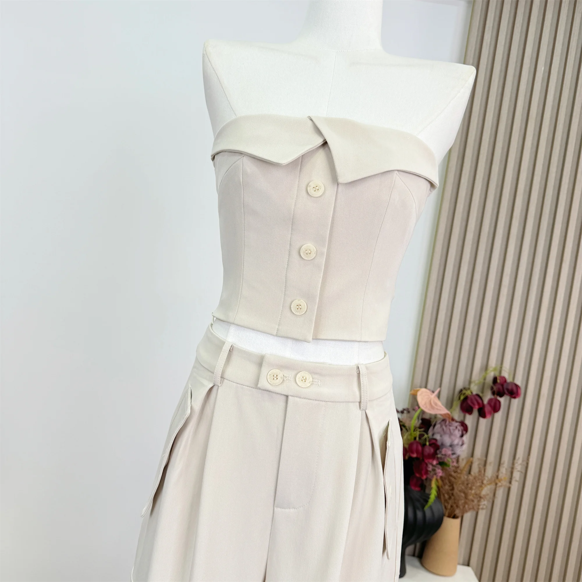 

Suit Fabric Short Tube Top + Tooling Trousers Set 2 Piece Sets Womens Outfits