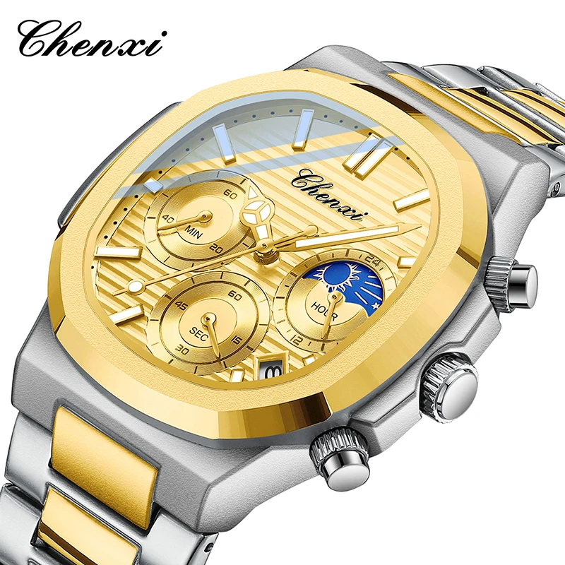 

CHENXI Gold Men's Watches Stainless Steel Square Waterproof Luminous Calendar Sport Stop Watch Multifunction Quartz Wristwatches