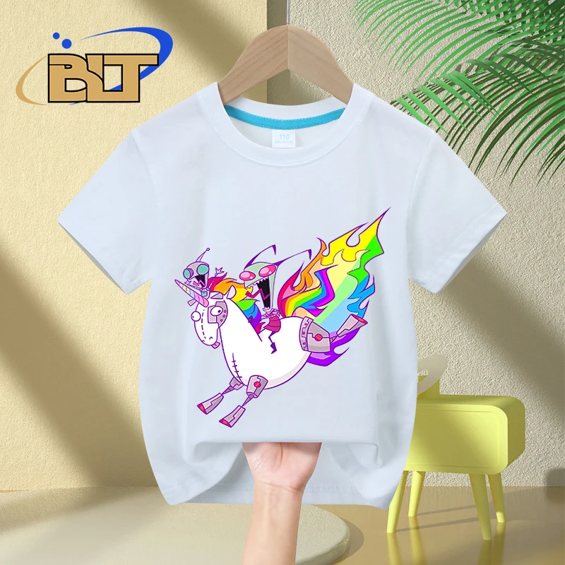 T-shirt de manga curta com estampa unicórnio para menino e menina, top casual algodão, verão