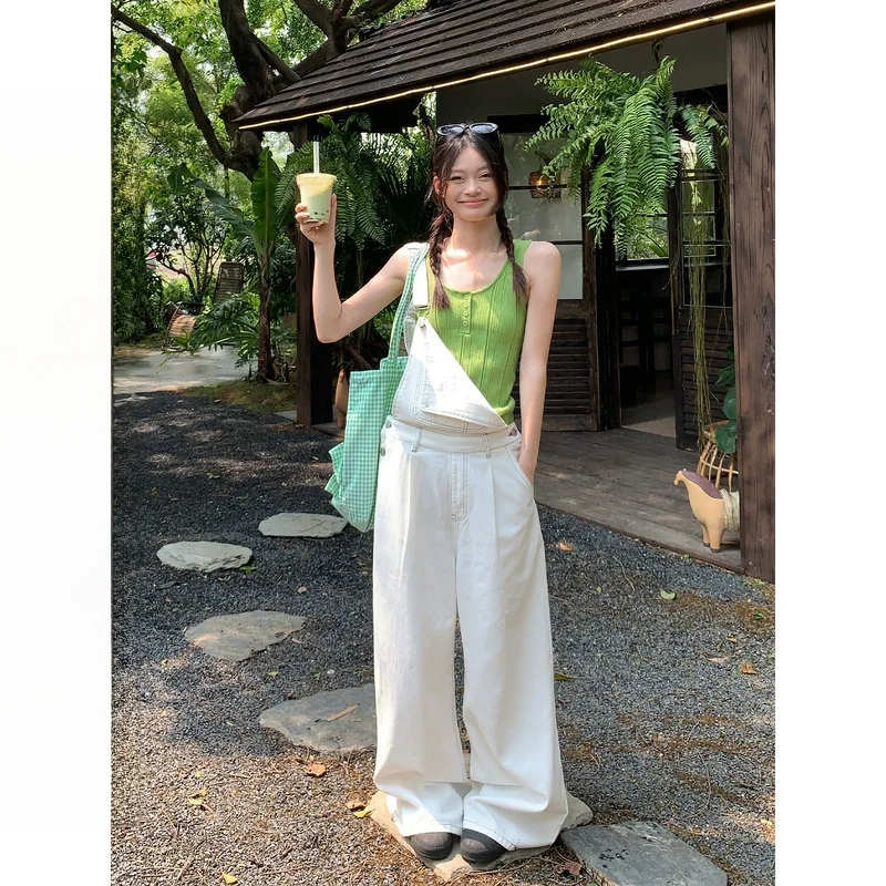 

White Overalls Denim High Waist Wide Leg Commuter Style Washed Casual High Waist Overalls in White Color by Song Zhengen