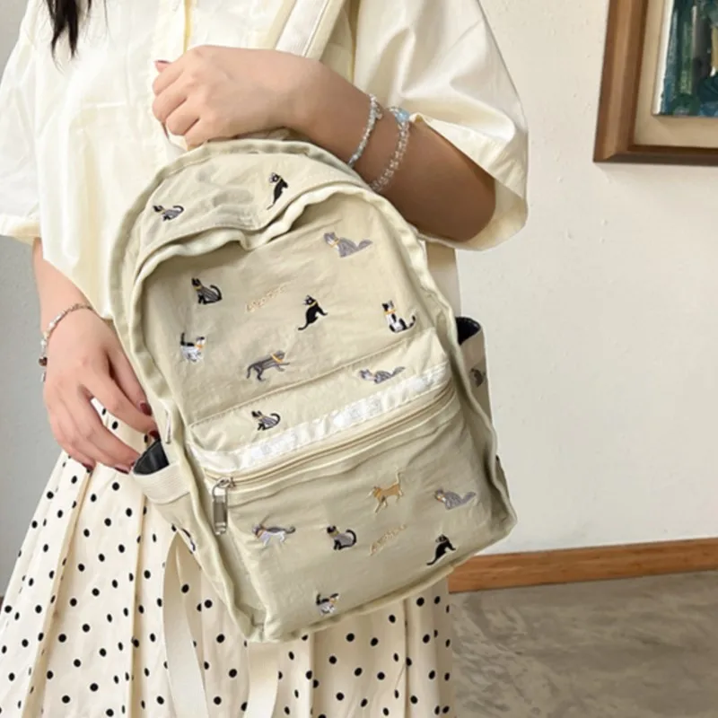달콤한 귀여운 수 놓은 고양이 배낭 여성 카키 대용량 경량 데이 팟 여성용 일상 통근 다목적 Mochilas Mujer