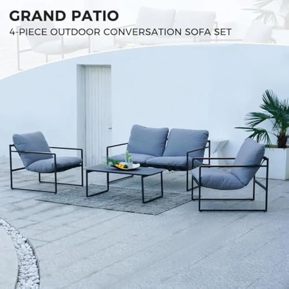 Outdoor Patio Conversation Sofa Set with Cushion, Modern Metal Couch Loveseat Chairs and Coffee Table