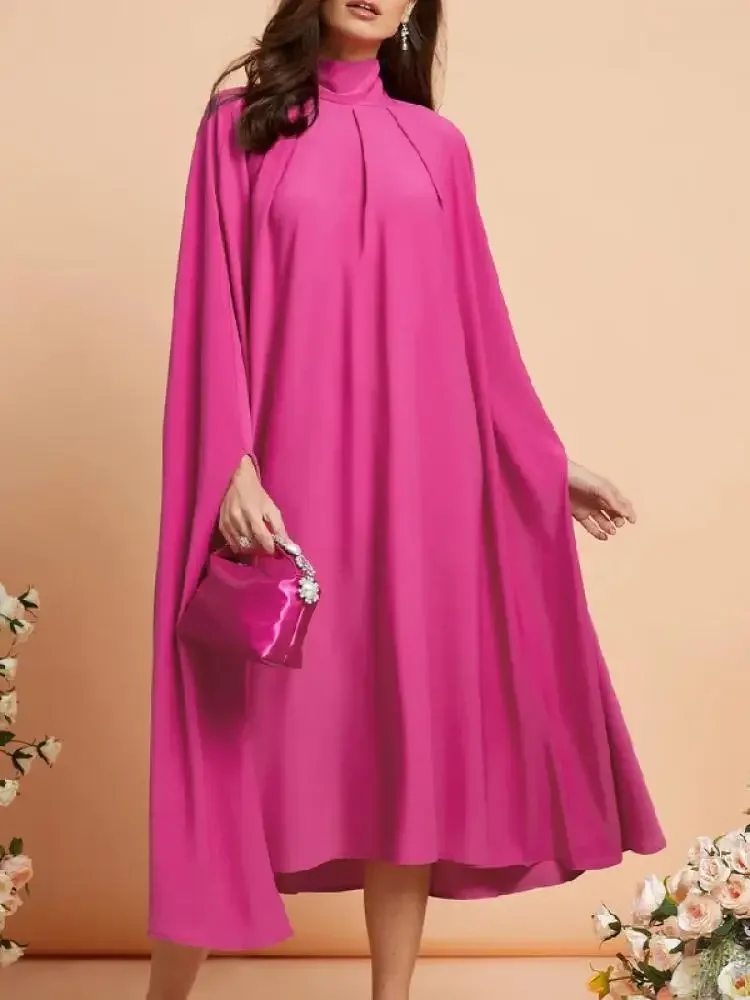 Freeacy 2024 New Women's Fall Dress Solid Color High Neck Cape Dress Outerwears Loose Fit Batwing Sleeves Wrap Dresses