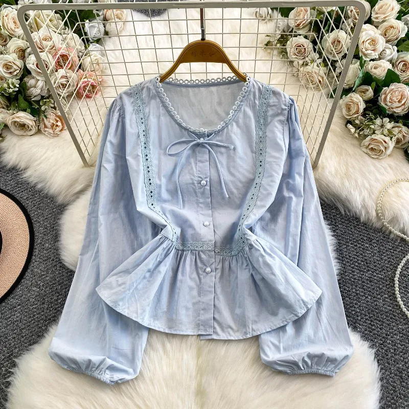 بلوزات حلوة تفريغ الدانتيل الصلبة ربيع الخريف امرأة قمصان الكورية موضة أنيقة شيك الكشكشة Blusas Mujer