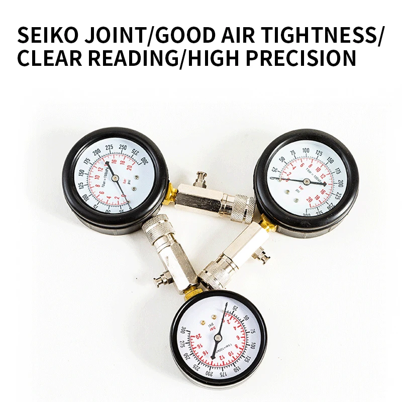 Double Rod Engine Compression Tester Cylinder 0-300 PSI Automobile Pressure Gauge Kit with M10 M12 M14 M18 Adapter