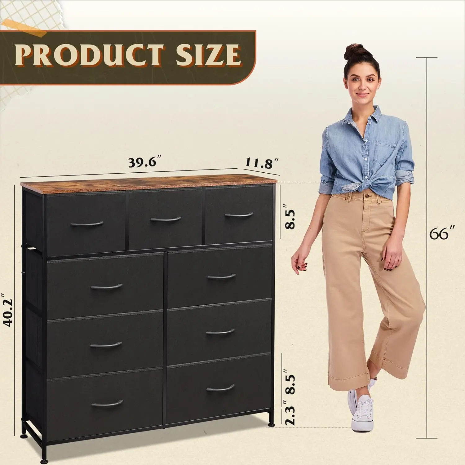 Kommode mit 9 Schubladen, Aufbewahrungsturm aus Stoff für Schlafzimmer, Flur, Schrank, hohe Kommoden-Organizer für Schlafzimmer mit Stoffbehältern