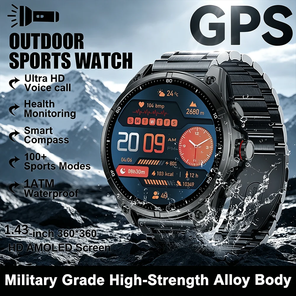 2026 NEW GPS Smart Watch For Outdoor Sports Smartwatch Compass Altimeter Barometric 10ATM IP69K Waterproof AMOLED Mens Bracelet