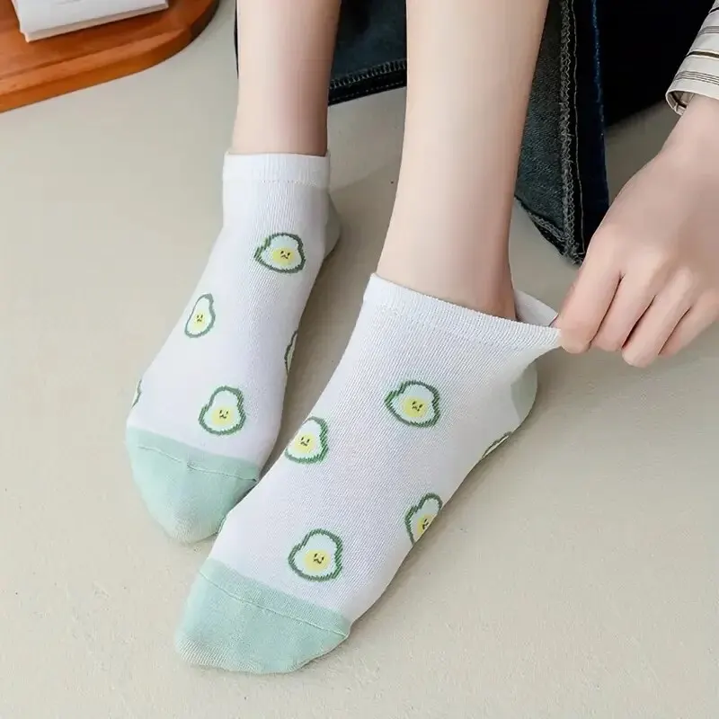 5 Pairs Avocado Print Socks, Cute & Lightweight Ankle Socks, Women\'s Stockings & Hosiery