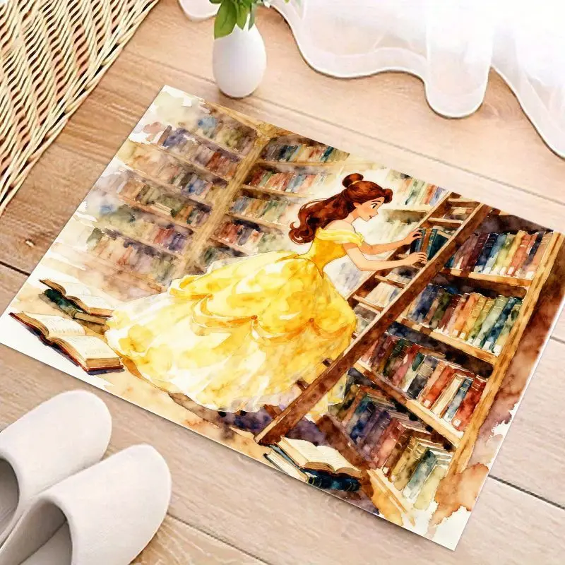 1PC Disney Princess Belle Library Watercolor Floor Mat (50x80cm), Beauty and the Beast Bookshelf Aesthetic Area Rug, Soft Non-Sl