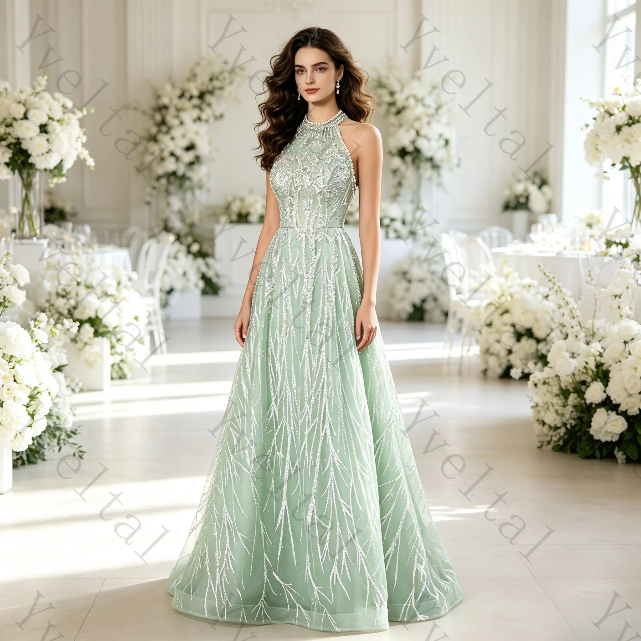 Customized Women’s Halter Hollow Lace‑Up Back Evening Dress Shining Sequins Floor‑Length Party Prom Gown for Banquet Occasions