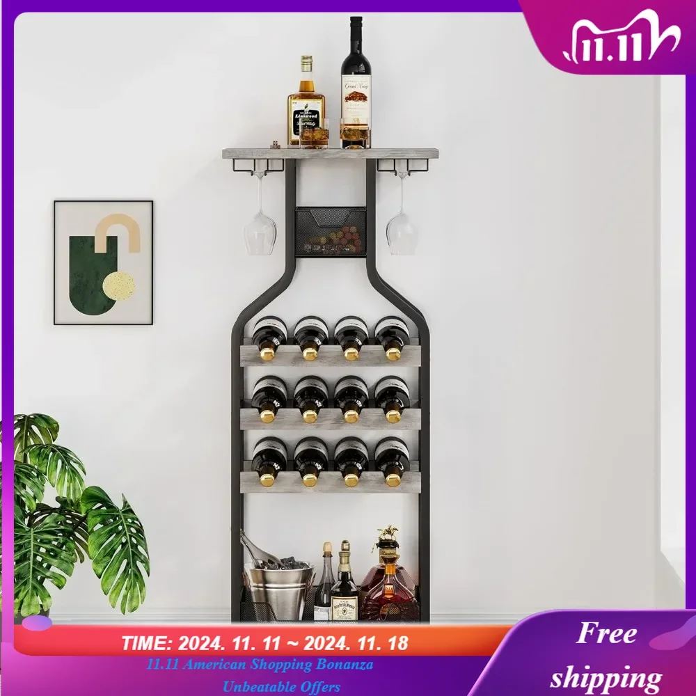 Wine Rack Freestanding Floor, Wine Bottle Holders Stands for Floor, Grey Bar Stand Wine Storage Organizer Display Rack Table
