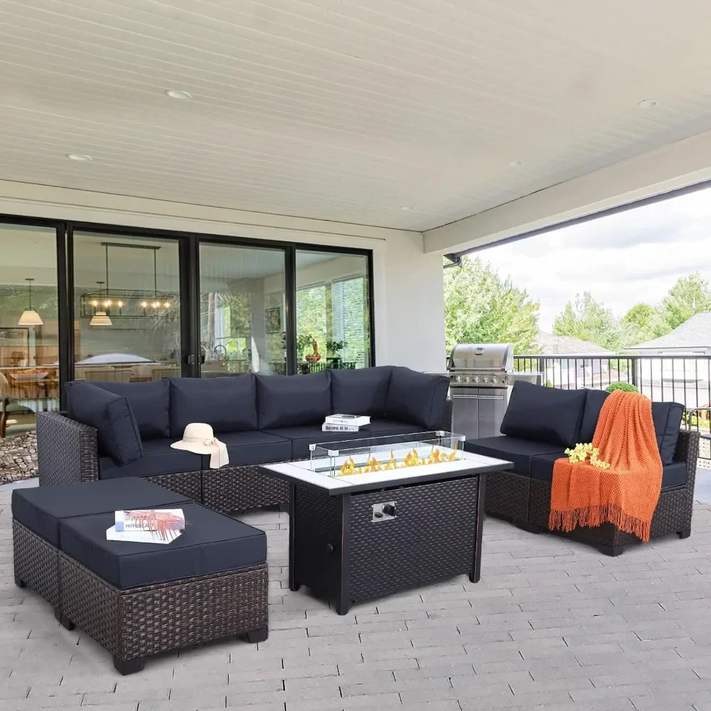 

%9 шт. Набор плетеной мебели для патио, секционный диван для бесед из ротанга с темно-синими подушками и вкладкой для газового костра 45 дюймов
