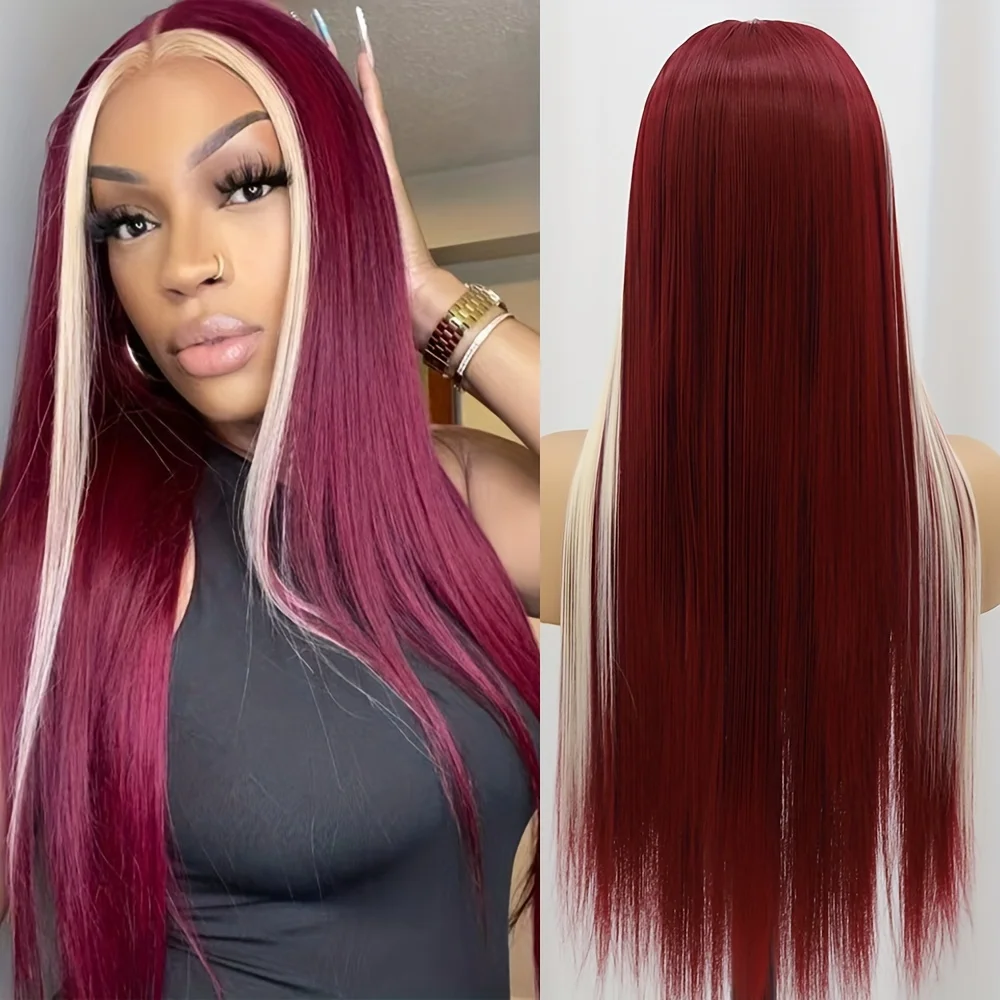 

13x4 Straight Lace Frontal Burgundy with 613B Colored Wig Pre Plucked Wigs Human Hair Wine Red with Blonde Highlight Human Hair