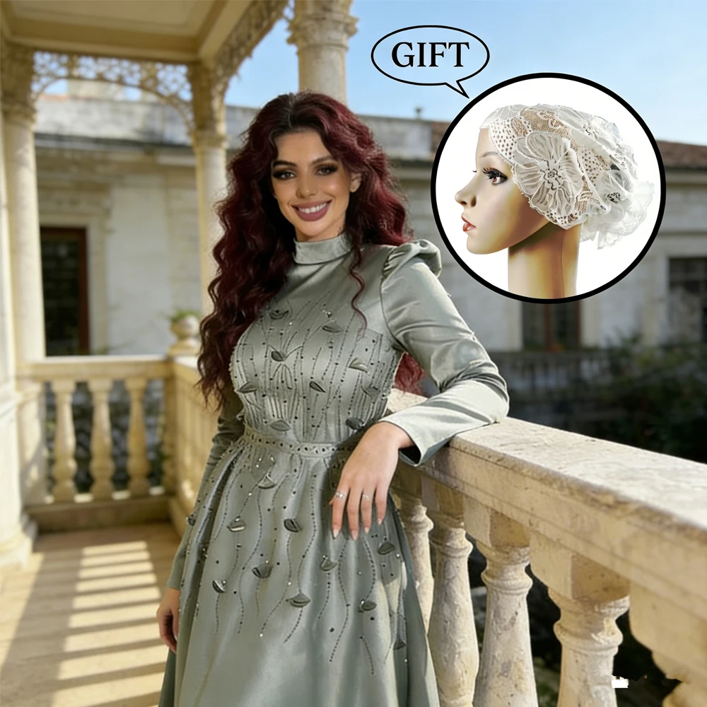 

Eid Beaded Jalabiya Satin Abaya Ramadan Women Muslim Evening Party Dress Turkey Kaftan Djellaba Islam Clothing Caftan Robe Gown