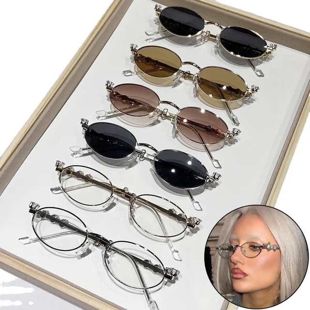 Luksusowe diamentowe metalowe okulary przeciwsłoneczne z owalną ramką dla kobiet mała ramka owalne okulary przeciwsłoneczne UV400 Vintage okulary zewnętrzne gogle