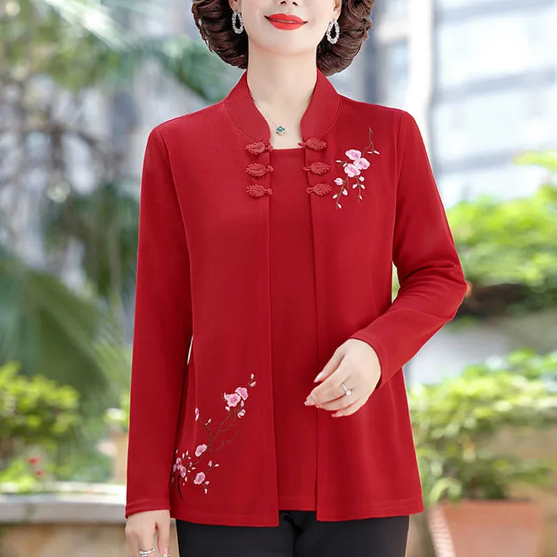 New Women\'s Spring Autumn Fashion Chic Stand Collar Embroidery Spliced Fake Two Pieces Elegant Loose Casual Long Sleeve Tops