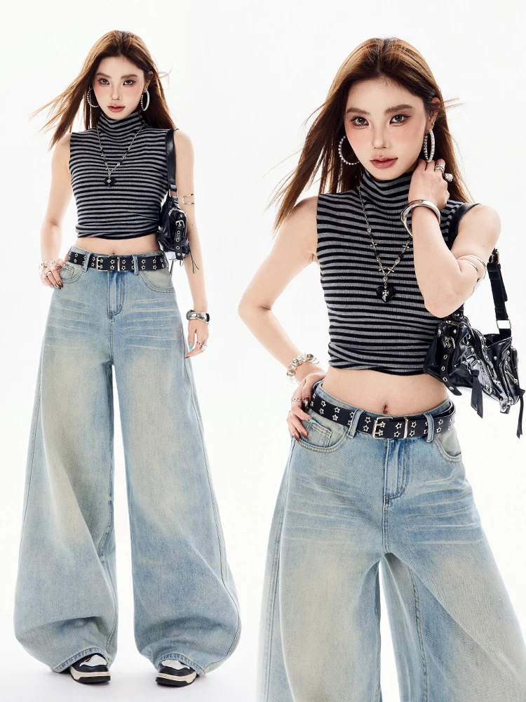 

American Style Vintage Washed Loose Women's Jeans High Waist Wide Leg Slimming Pants Casual Cotton Polyester Blend