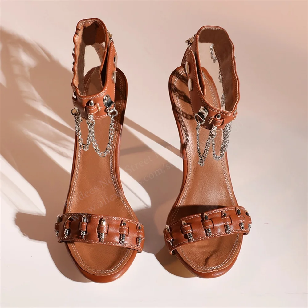 Chain Fringe Strap High Heel Sandals Women Sexy Brown Leather Stiletto Heel Metal Decortion Elegant Summer Party Dress Shoes