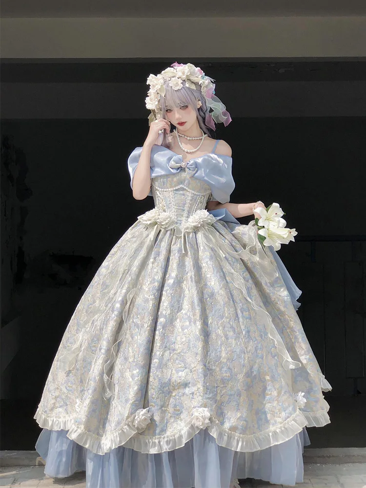 

Sweet Blue Spaghetti Strap Quinceanera Dress Off Shoulder Back Big Bow Princess Dresses Floor-length A-line Prom Gown For Girls