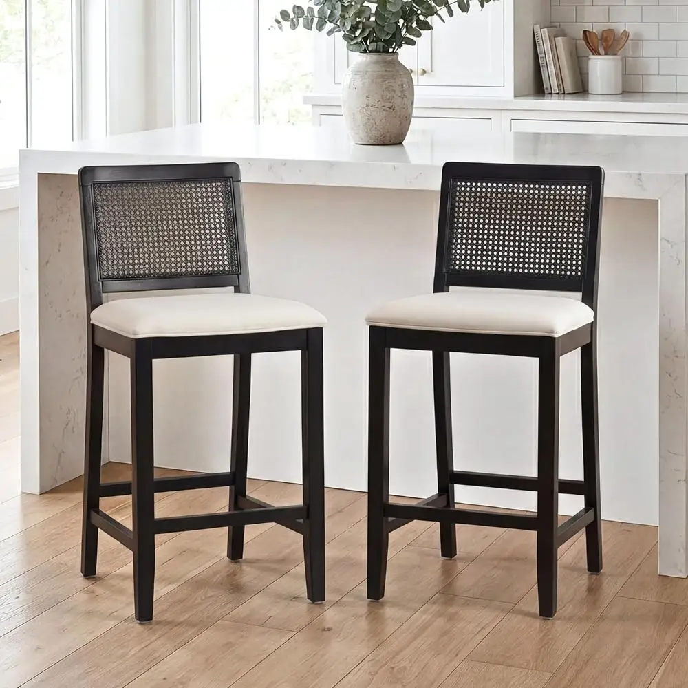 

Set of 2 26 Counter Height Bar Stools with Cane Back, Upholstered Chenille Seat, Suitable for Kitchen Island or Pub, Black