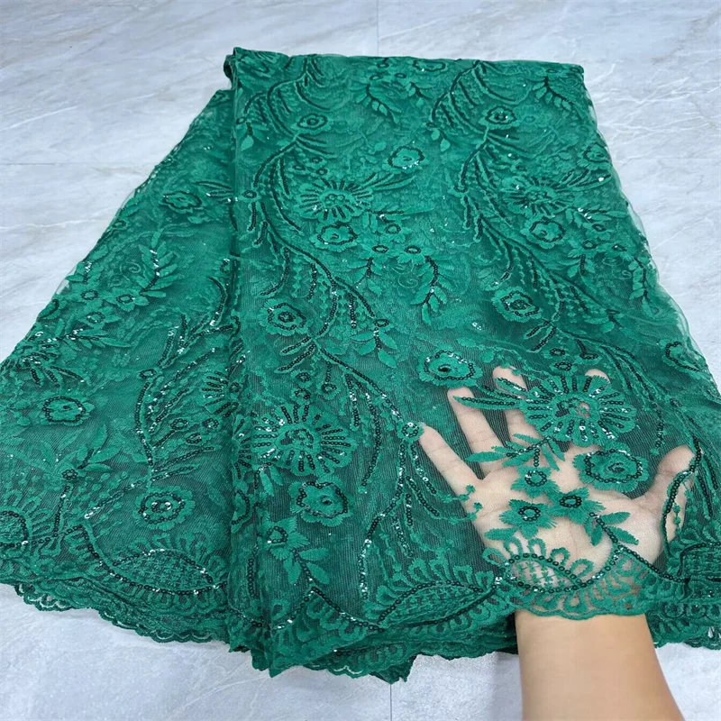 

Latest 2024 High Quality African Nigerian Tulle Lace Fabric With Sequins Embroidery Sewing Guipure Prom Dresses Green 5Yards