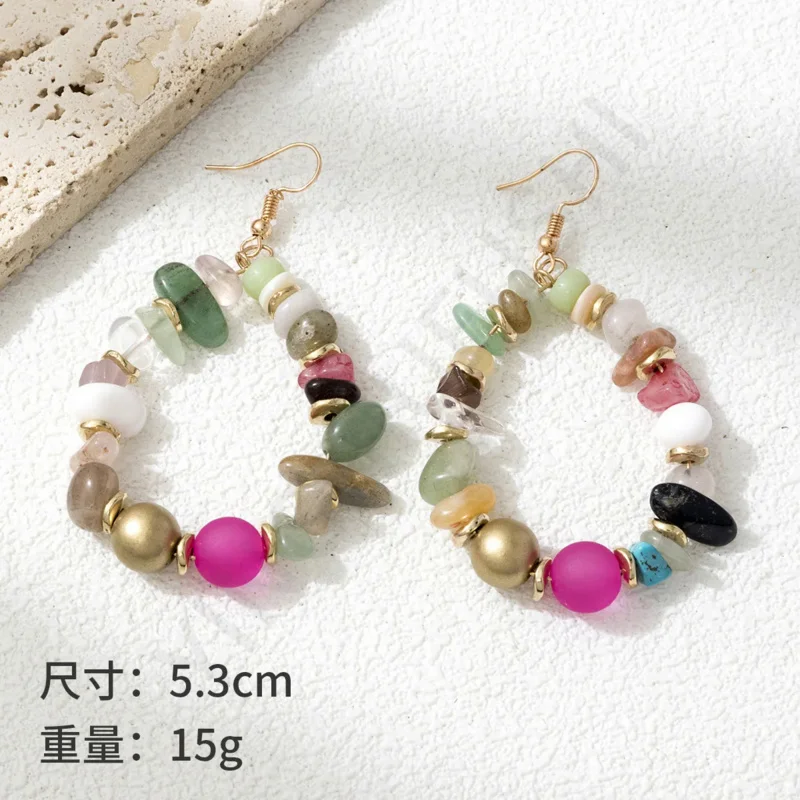 Crushed Stone Earrings Colorful Ethnic Temperament Round Hoop Earrings for Women