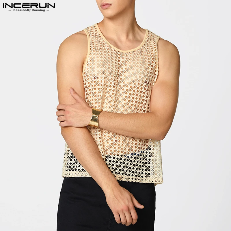 

INCERUN Men Tank Tops Mesh Transparent Sexy O-neck Sleeveless Summer Male Vests Streetwear 2026 Vacation Fashion Men Clothing