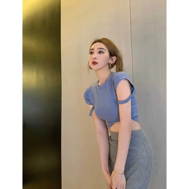 セクシーな白い伸縮性のあるTシャツ、女性用サマーベーシックデザイン、レディーストップ、ポリエステル繊維、薄手の丸首Tシャツ