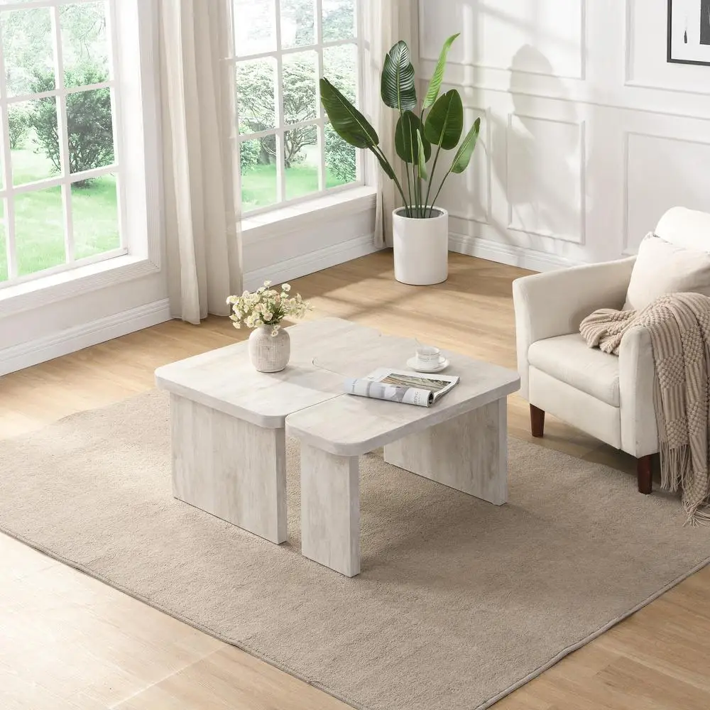 Conjunto de mesa de centro de madeira de fazenda em forma de L retângulo destacável branco moderno móveis para sala de estar 47,24 x 23,62 polegadas