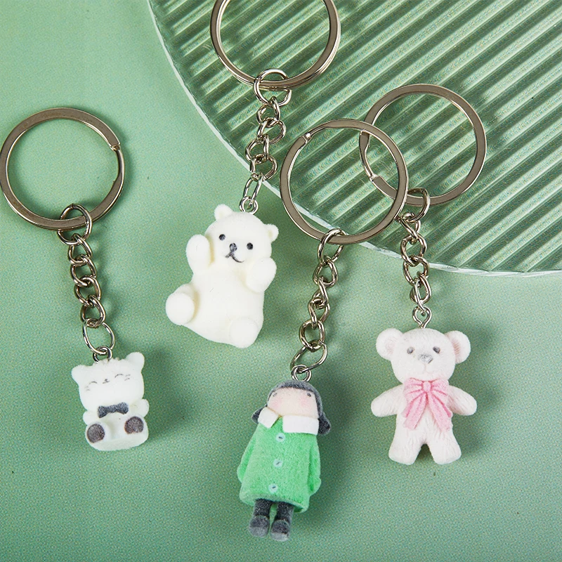 3D Cartoon Flocking Bear Keychain Bear Key Ring Animal Key Chains Souvenir Gifts For Women Men Car Keys DIY Jewelry