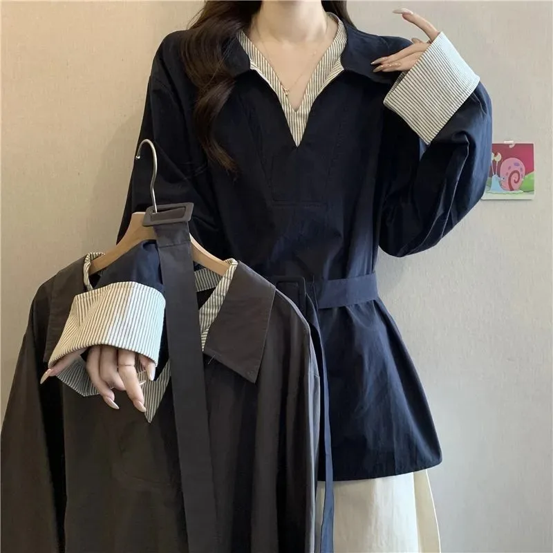 French Chic Contrasting Color Splicing Striped Fake Two-piece Shirt Autumn New Versatile Slimming Temperament POLO Collar