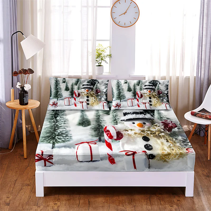 Christmas Snowman Fitted Sheet Four Corners with Elastic Band Sheets Bed Cover Set Santa Claus Bed Set Sheets Queen Bedding Set