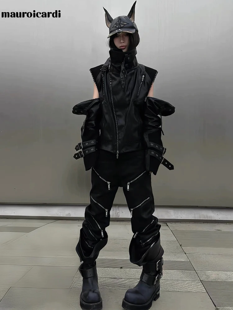 Mauroicardi Herbst-Kurzjacke aus schwarzem PU-Leder für Herren mit abnehmbaren Ärmeln, luxuriöse Designer-Punk-Streetwear-Kleidung