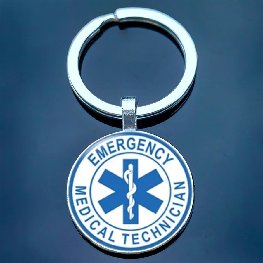 Emergency medical technicians keychain male and female medical alarm glass circular keyring doctor and nurse gift jewelry