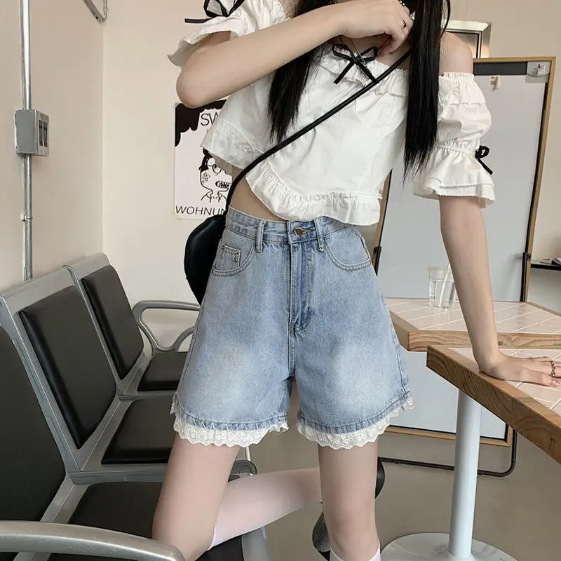 Blue Wide Leg Jeans Shorts Kawaii Lace 2023 Summer Y2k Streetwear Casual Korean Fashion Pants Women Vintage Trousers