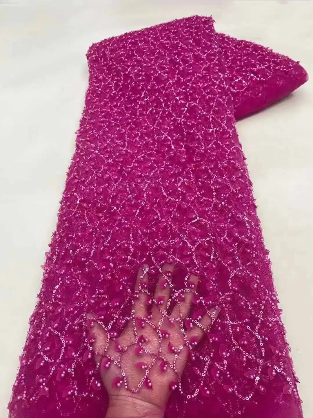 

5Yards Nigerian Flocking Velvet Sequins Lace Fabric 2025 High Quality African Heavy Beaded And Pearls For Woman Party Dresses