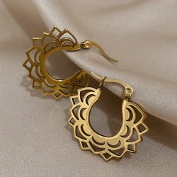 DODOHAO Stainless Steel Vintage Hollow Ethnic Mandala Lotus Flower Hoop Earring Gold Color Geometric Huggies Earring for Women