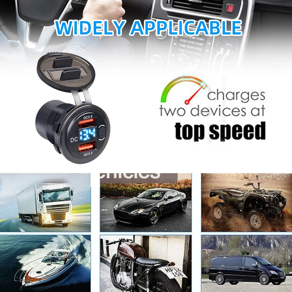 12/24V Car Charger 36W QC3.0 Dual USB Car Motor Charger Socket Waterproof With Voltmeter Switch Fast Quick Charge Adapter
