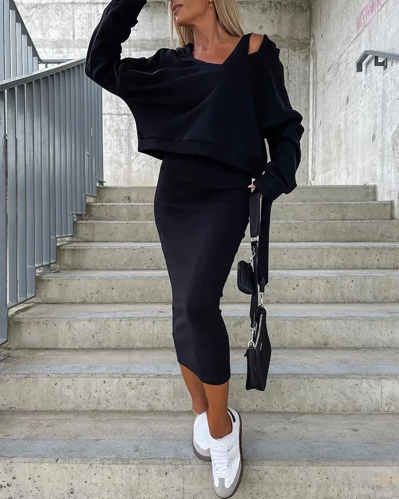

Women's New Autumn and Winter Fashion Solid Color Casual Two-piece Slim-fit V-neck Package Hip Sundress + V-neck Hoodie Suit