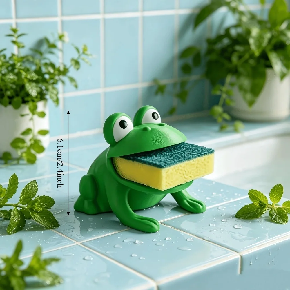 Frog-shaped sponge dishwashing brush holder with drainage system view 3