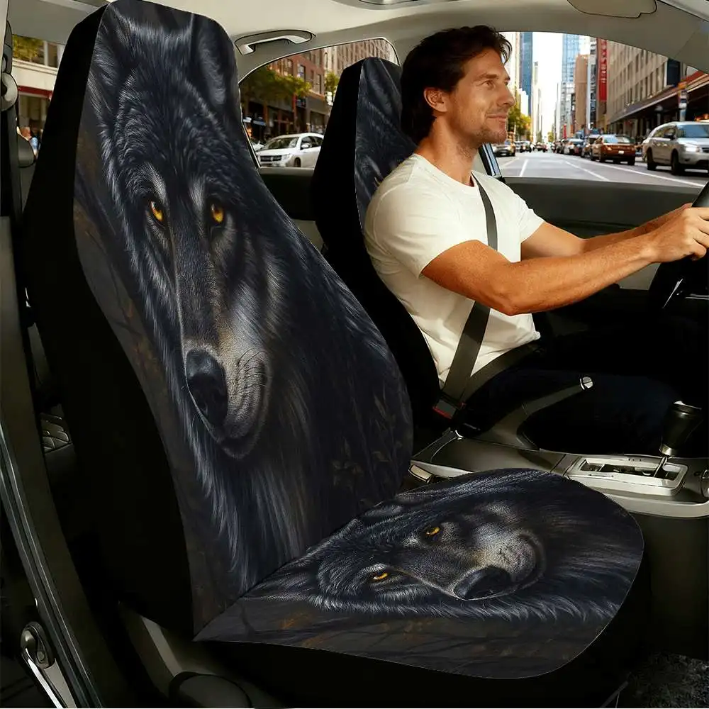 2pcs Majestic Black Wolf Car Seat Covers | High Back Design, Polyester Material, Universal Fit For Cars, SUVs, And Trucks, Women